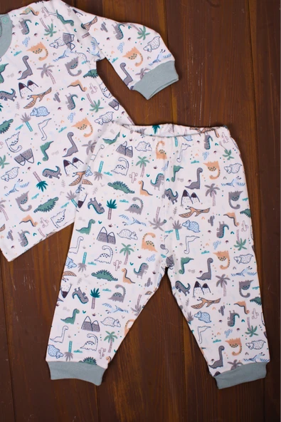 Dinazor Desenli Erkek Bebek Eşofman Takımı %100 Pamuk - Resim 5