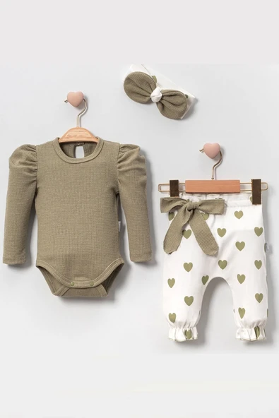 Kalp Baskılı Bandanalı 3'Lü Lüx Waffle Kız Bebek Takım - Resim 2