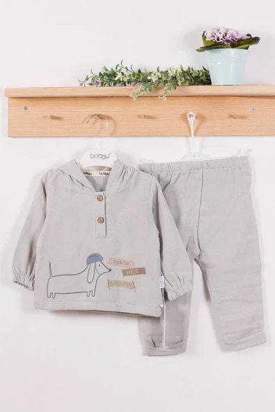 Müslin Kumaş long Dog Desenli Pamuklu Erkek Bebek Takımı