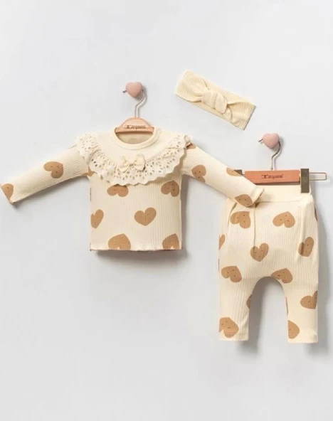 Kalp Baskılı Fisto Yaka 3 Parça Kız Bebek Takımı %100 Pamuk - 2