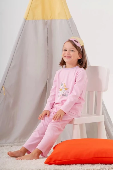 Unicorn Desenli Çanta ve Maskeli % 100 Pamuk Kız Çocuk Pijama Takımı - 6