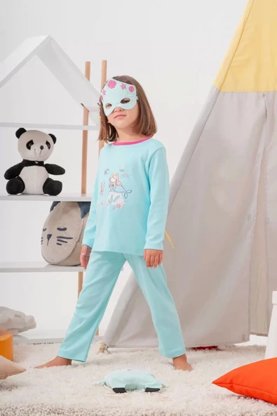 Deniz Kızı Desenli Çanta ve Maskeli % 100 Pamuk Kız Çocuk Pijama Takımı - 3