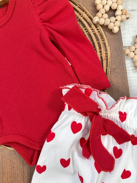 Kalp Baskılı Bandanalı 3'Lü Lüx Waffle Kız Bebek Takım - 2