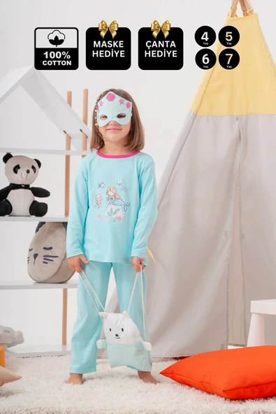 Deniz Kızı Desenli Çanta ve Maskeli % 100 Pamuk Kız Çocuk Pijama Takımı
