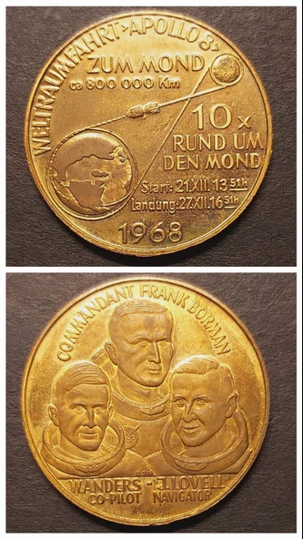 1968 WELTRAUMFAHRT APOLLO 8 - 10x RUND UM DEN MOND 22 ayar 21.36gr A900 Altın Madalya ürün görseli 1