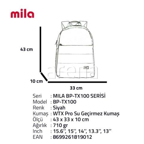 CLASSONE Notebook Çantası Mila Serisi 15.6" Su Geçirmez Kumaş BP-TX100 Siyah - 7