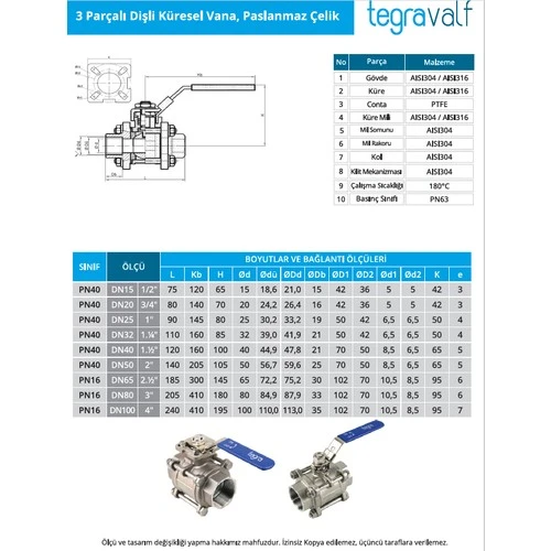 2" PASLANMAZ 3 PRÇ.DİŞLİ KİLİTLİ KÜRESEL VANA TEPE FLANŞSIZ 316