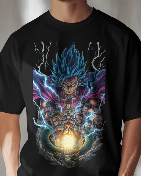 Anime Power Clash Baskılı Siyah Tişört  Gücün, Efsanenin ve Stilin Buluşması