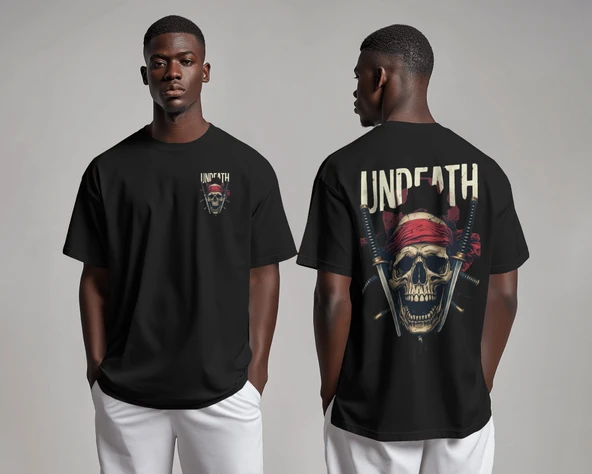 UNDEATH Bandanalı Kurukafa ve Katana Baskılı Tişört  Ölümsüz Ruhların Stil Simgesi