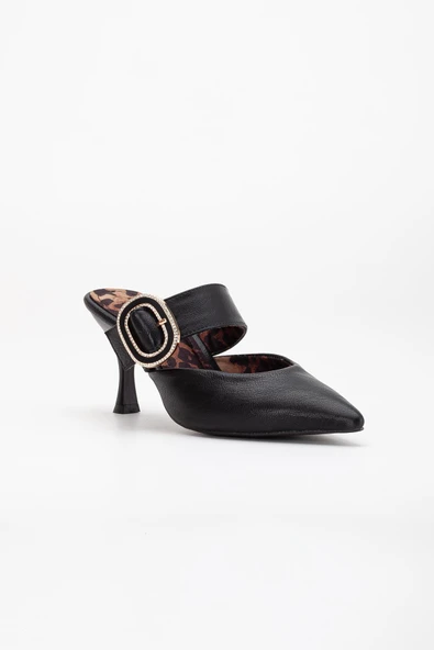 Kadın Topuklu Ayakkabı Siyah Açık Topuk Kalın Taşlı Bantlı - Resim 4