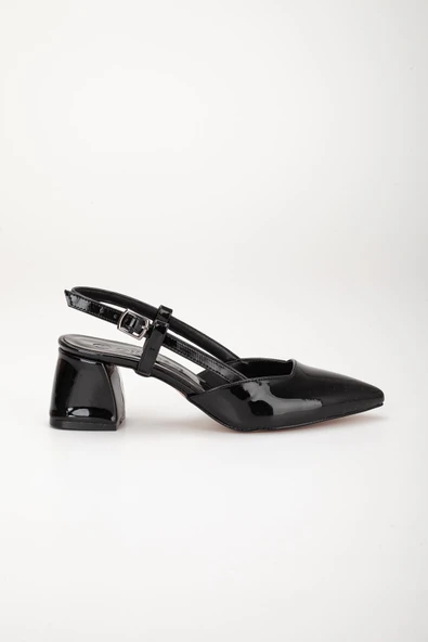 Büyük Numara Rugan Yan Direkli Siyah Kadın Topuklu Ayakkabı - Resim 3