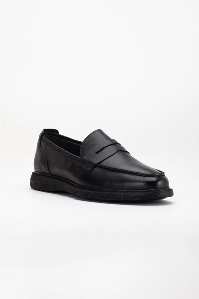 Hakiki Deri Erkek Loafer Ayakkabı Siyah Kolej Model Düz Taban - Resim 4