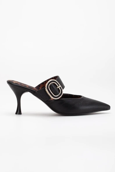 Kadın Topuklu Ayakkabı Siyah Açık Topuk Kalın Taşlı Bantlı - Resim 3