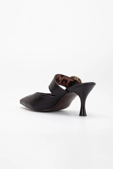 Kadın Topuklu Ayakkabı Siyah Açık Topuk Kalın Taşlı Bantlı - Resim 5