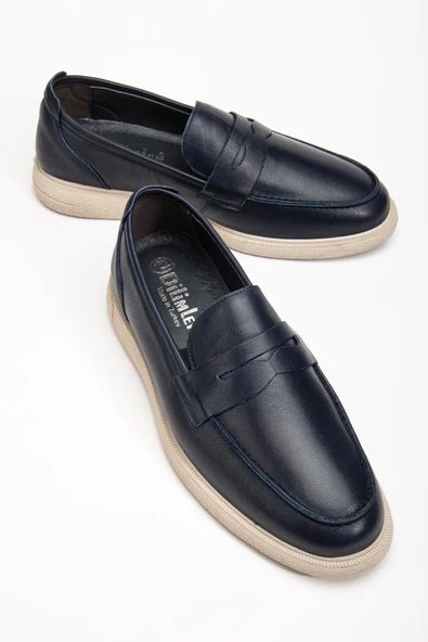 Hakiki Deri Erkek Loafer Ayakkabı Lacivert Kolej Model Düz Taban ürün görseli