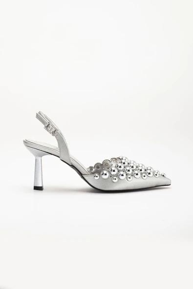 Kadın Topuklu Abiye Ayakkabı Gümüş Trok Detaylı - Resim 3