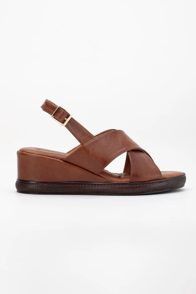 Kadın Dolgu Topuk Sandalet Taba Çapraz Bantlı Ortopedik - Resim 3