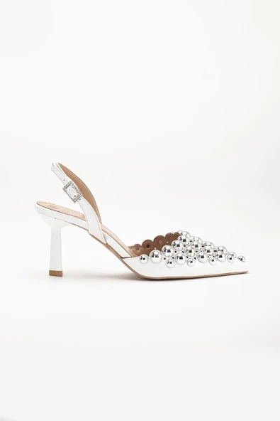 Kadın Topuklu Abiye Ayakkabı Beyaz Trok Detaylı - Resim 3