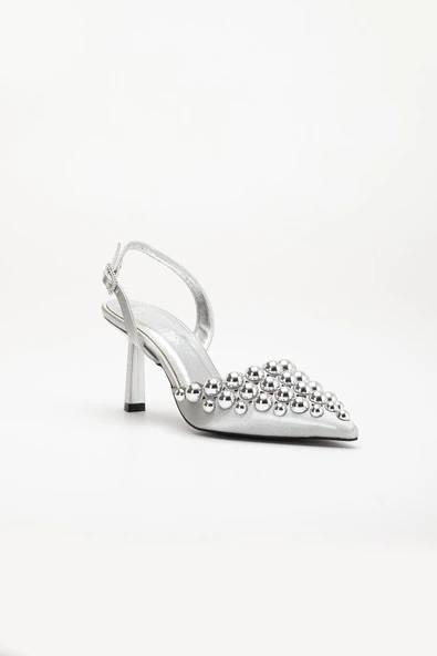 Kadın Topuklu Abiye Ayakkabı Gümüş Trok Detaylı - Resim 4