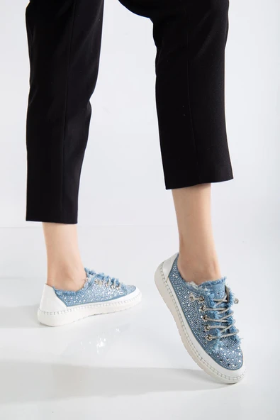 Kadın Günlük Ayakkabı Mavi Taş Bağcıklı Kot Malzeme - Resim 2