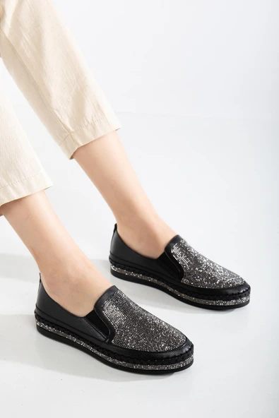 Kadın Günlük Ayakkabı Siyah Taşlı Taban Saraçlı - Resim 2