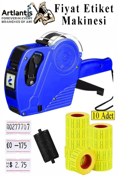 Etiket Makinesi Mavi 1 Adet Sarı Fiyat Etiketi 10 Rulo Sekiz Haneli Fiyat Etiketi Makinası Lira Dolar Euro Dayanıklı