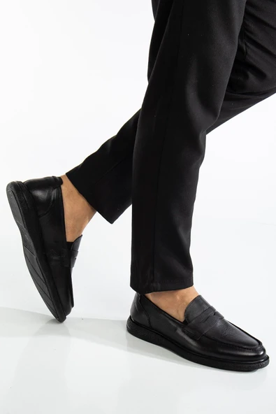 Hakiki Deri Erkek Loafer Ayakkabı Siyah Kolej Model Düz Taban - Resim 2