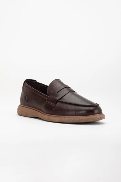 Hakiki Deri Erkek Loafer Ayakkabı Kahve Kolej Model Düz Taban - Resim 4