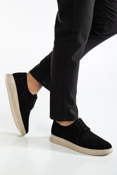 Hakiki Deri Süet Erkek Günlük AYkkabı Siyah Bağlı Bej Taban - Resim 2