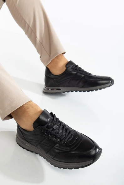 Hakiki Deri Erkek Günlük Ayakkabı Siyah Topuk Metal Kaplama Düz Taban - Resim 2