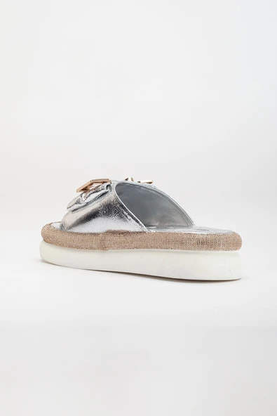 Kadın Taşlı Dolgu Topuk Terlik Gümüş Metal Tavşan Aksesuarlı - Resim 5