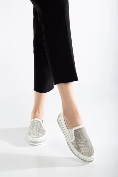 Kadın Günlük Ayakkabı Beyaz Taşlı Taban Saraçlı - Resim 2