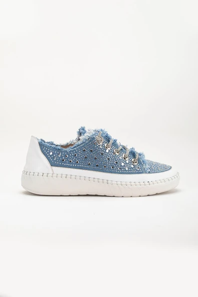 Kadın Günlük Ayakkabı Mavi Taş Bağcıklı Kot Malzeme - Resim 3