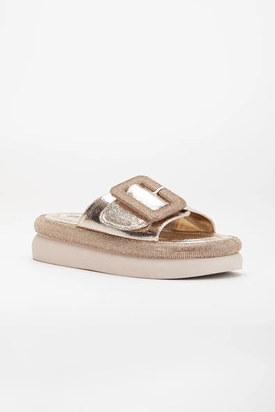 Kadın Taşlı Dolgu Topuk Terlik Gold Taban Taş Detaylı - Resim 4