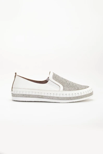 Kadın Günlük Ayakkabı Beyaz Taşlı Taban Saraçlı - Resim 3