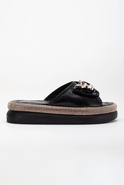 Kadın Taşlı Dolgu Topuk Terlik  Siyah Metal Tavşan Aksesuarlı - Resim 3