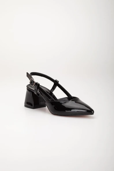 Büyük Numara Rugan Yan Direkli Siyah Kadın Topuklu Ayakkabı - Resim 4