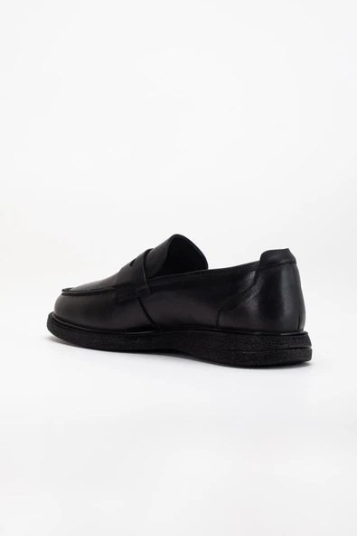 Hakiki Deri Erkek Loafer Ayakkabı Siyah Kolej Model Düz Taban - Resim 5