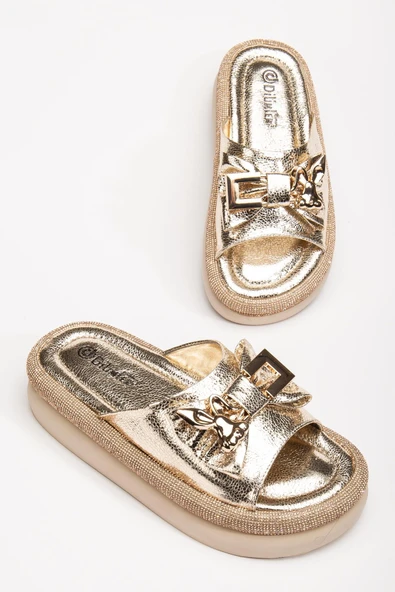 Kadın Taşlı Dolgu Topuk Terlik Gold Metal Tavşan Aksesuarlı