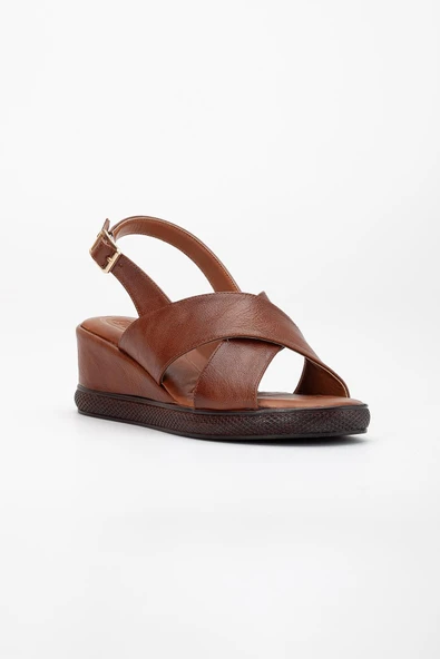 Kadın Dolgu Topuk Sandalet Taba Çapraz Bantlı Ortopedik - Resim 4