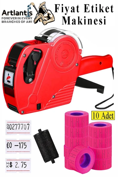 Etiket Makinesi Kırmızı 1 Adet Pembe Fiyat Etiketi 10 Rulo Sekiz Haneli Fiyat Etiketi Makinası Lira Dolar Euro Dayanıklı