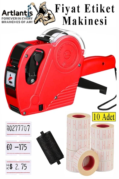 Etiket Makinesi Kırmızı 1 Adet Beyaz Fiyat Etiketi 10 Rulo Sekiz Haneli Fiyat Etiketi Makinası Lira Dolar Euro Dayanıklı