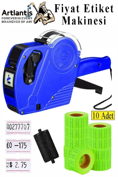 Etiket Makinesi Mavi 1 Adet Yeşil Fiyat Etiketi 10 Rulo Sekiz Haneli Fiyat Etiketi Makinası Lira Dolar Euro Dayanıklı