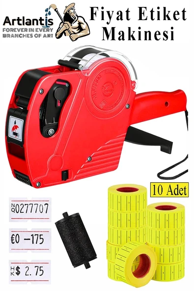 Etiket Makinesi Kırmızı 1 Adet Sarı Fiyat Etiketi 10 Rulo Sekiz Haneli Fiyat Etiketi Makinası Lira Dolar Euro Dayanıklı