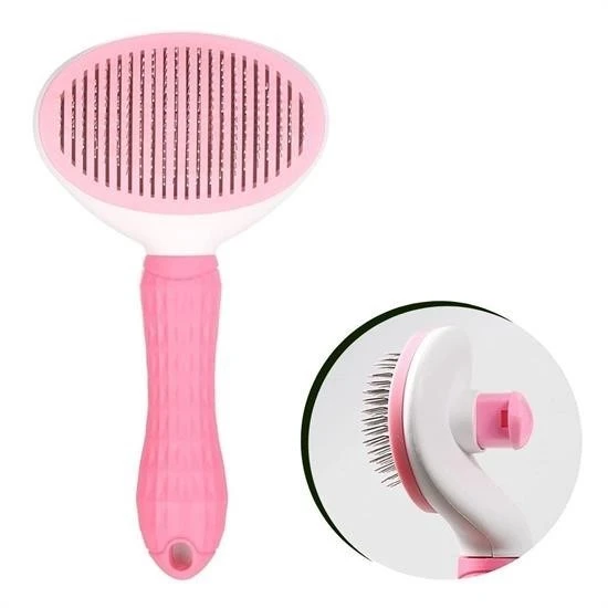 Miracle Omni® Kedi Köpek Tüy Toplayıcı Kendini Temizleyebilen Ergonomik Saplı Evcil Hayvan Tarağı Pembe