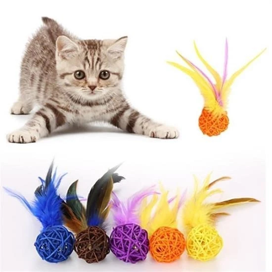 Miracle Omni® 2li Rattan Renkli Peluş Tüy Kedi Köpek Oyuncak Yakalama Çiğneme Çıngıraklı Top Oyuncağı