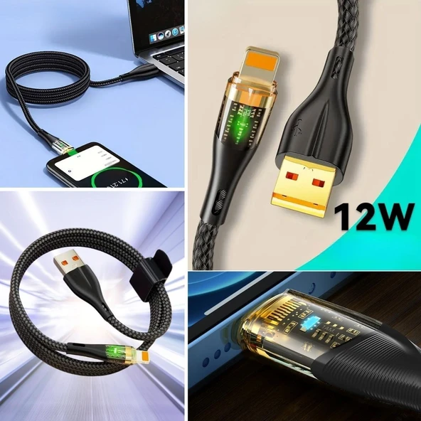 Miracle Omni® Led Işık Uçlu Sağlam İp Kablolu USB to Lightning Hızlı Şarj Kablosu