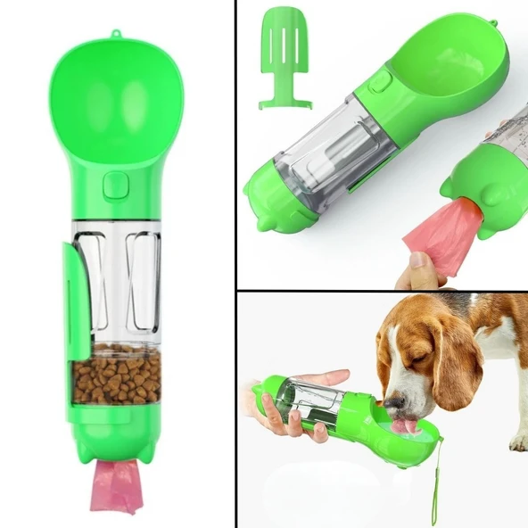 Miracle Omni® Taşınabilir Hazneli Mama Kaplı ,Kaka Poşetli Kedi,Köpek Suluğu-300ml