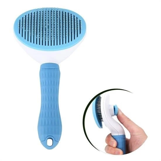 Miracle Omni® Kedi Köpek Tüy Toplayıcı Kendini Temizleyebilen Ergonomik Saplı Evcil Hayvan Tarağı Mavi