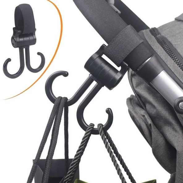 Miracle Omni® 2li Bebek Arabasına Uyumlu Cırtlı  Eşya Taşıma Aparatı 360 Derece Dönebilen Plastik Kanca